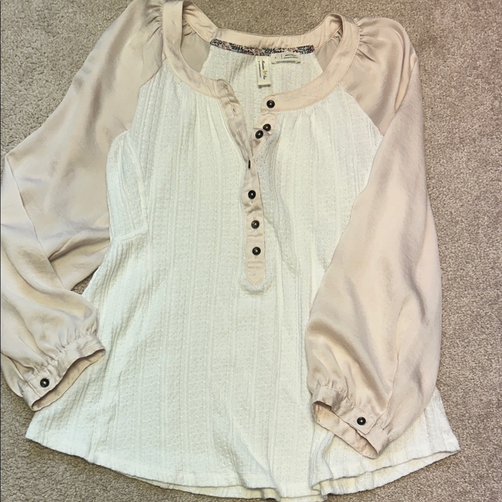 Meadow Rue Cream and Tan Blouse with Button Accents